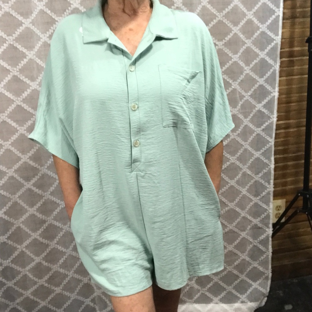 Mint Green Button-Up Romper with pockets